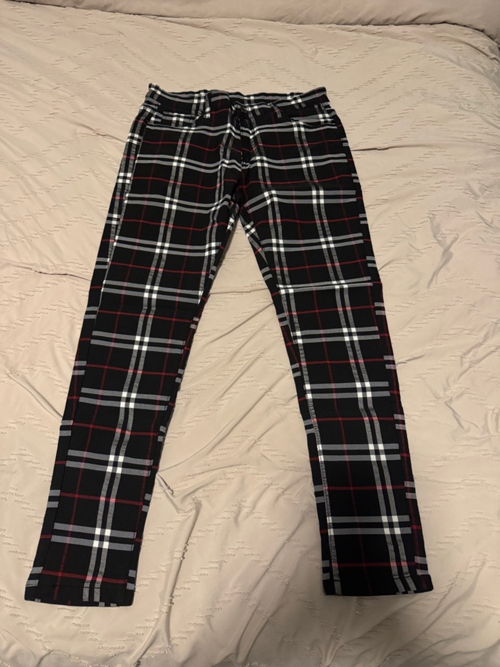 Black Plaid Stretch Pants with Red & White Windowpane